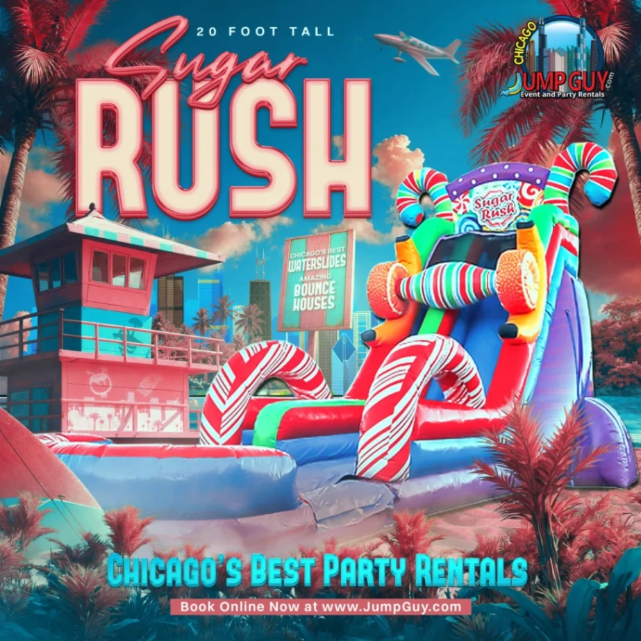 20 foot Sugar Rush single lane candy themed inflatable water slide rental for Elmhurst IL larger backyard birthday parties along Butterfield Road