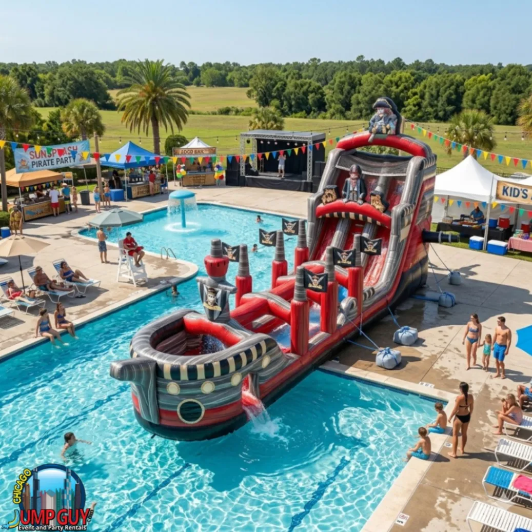 22-foot Black Pearl dual lane pirate ship themed inflatable water slide rental for Elmhurst IL park district events and large backyard parties