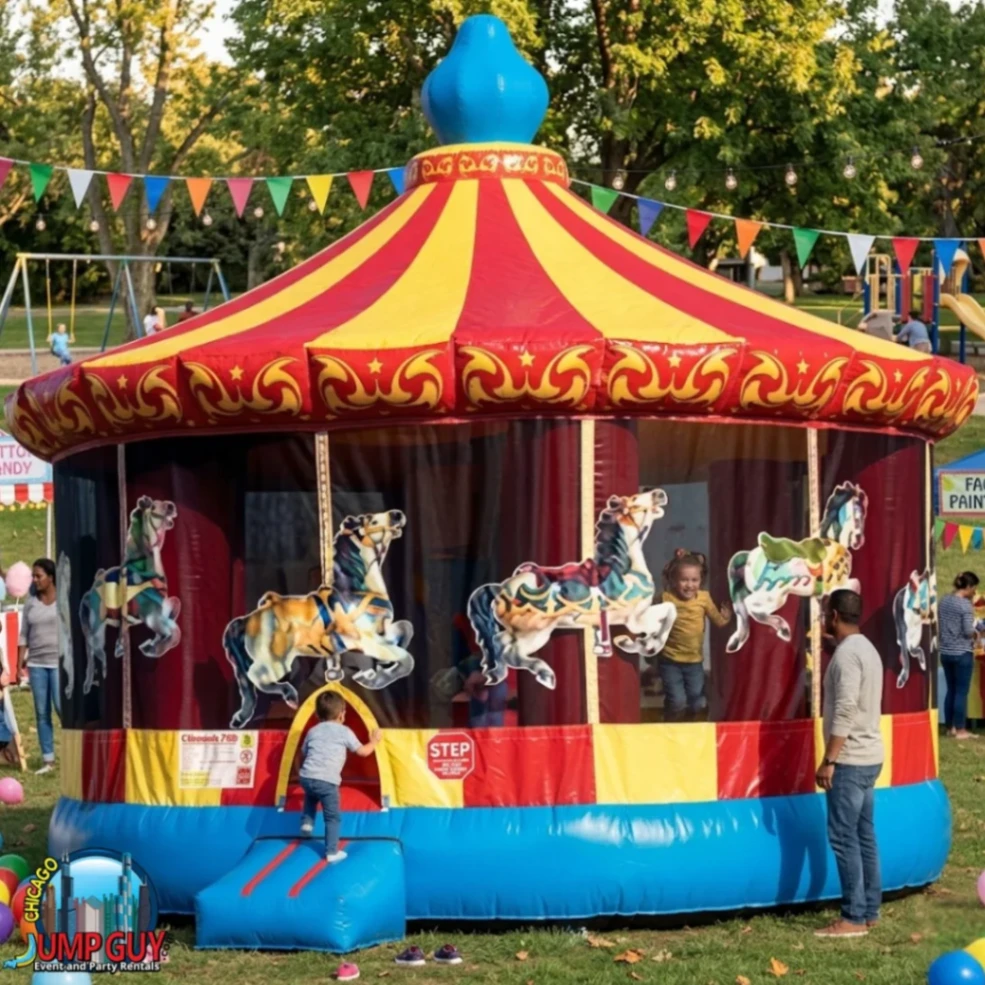 Carousel themed bounce house rental with decorative carnival profile for Elmhurst IL backyard birthday parties in 60126