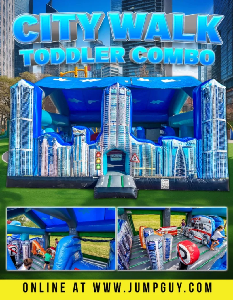 Citywalk toddler themed bounce house combo inflatable rental with city skyline graphics for Elmhurst IL toddler birthday parties