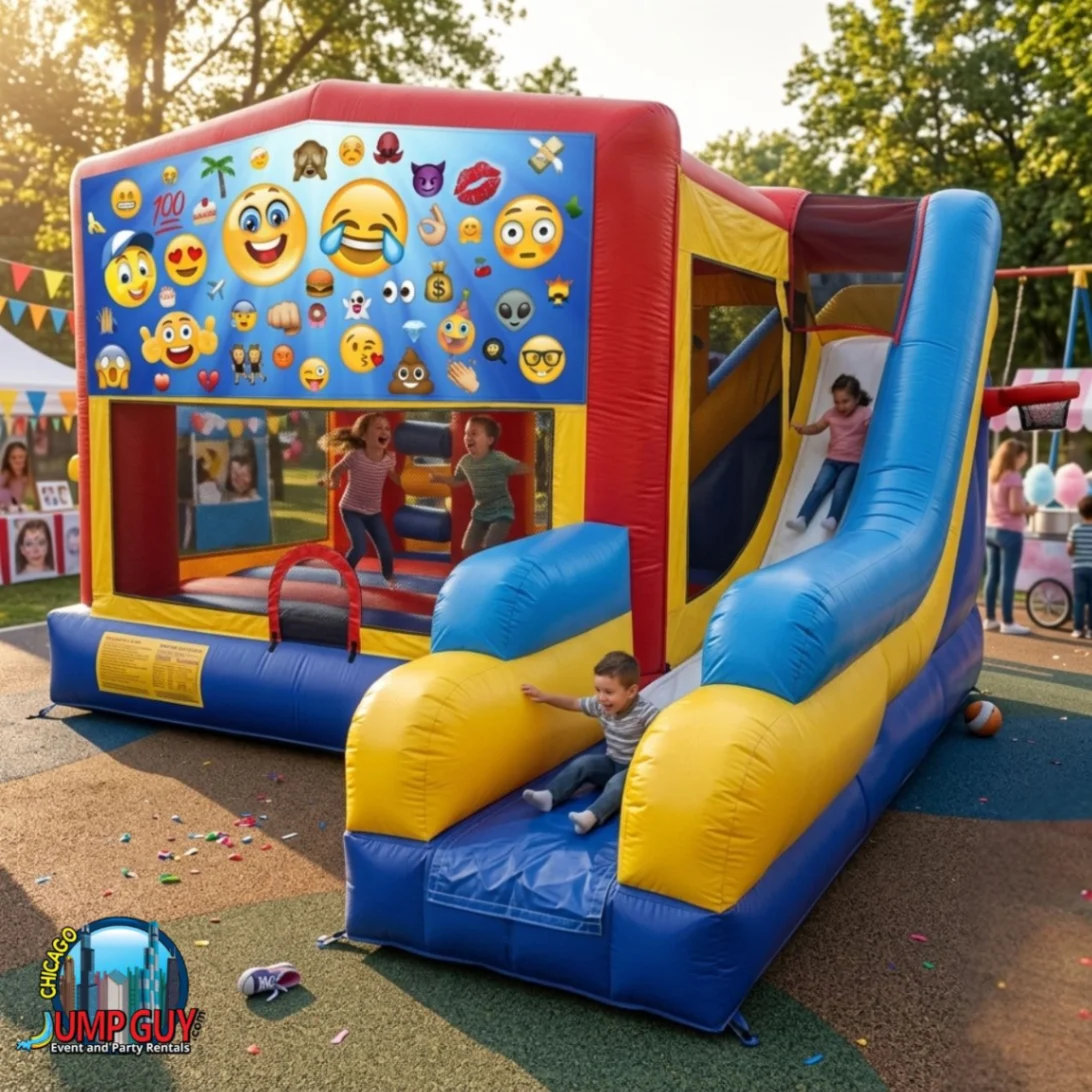 Emoji themed bounce house combo 7 in 1 rental with basketball hoop and climbing wall for Elmhurst IL school age birthday parties in 60126