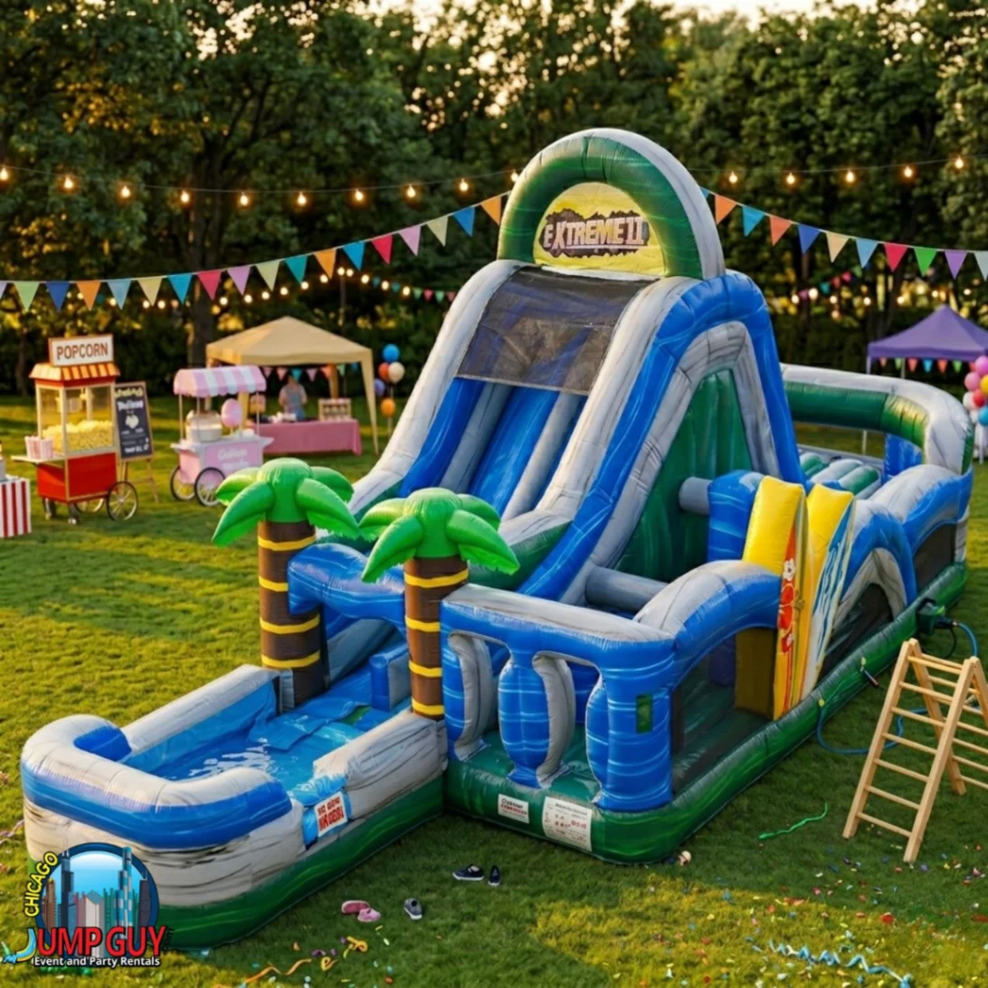 Extreme Obstacle water slide and bounce combo wet configuration rental with foam machine for Elmhurst IL community events in 60126