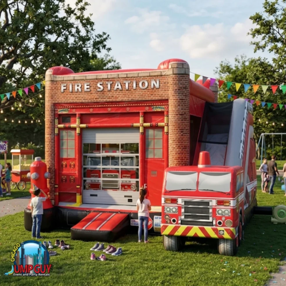 Fire Station themed bounce house and slide combo rental for Elmhurst IL backyard events and community gatherings near Berens Park