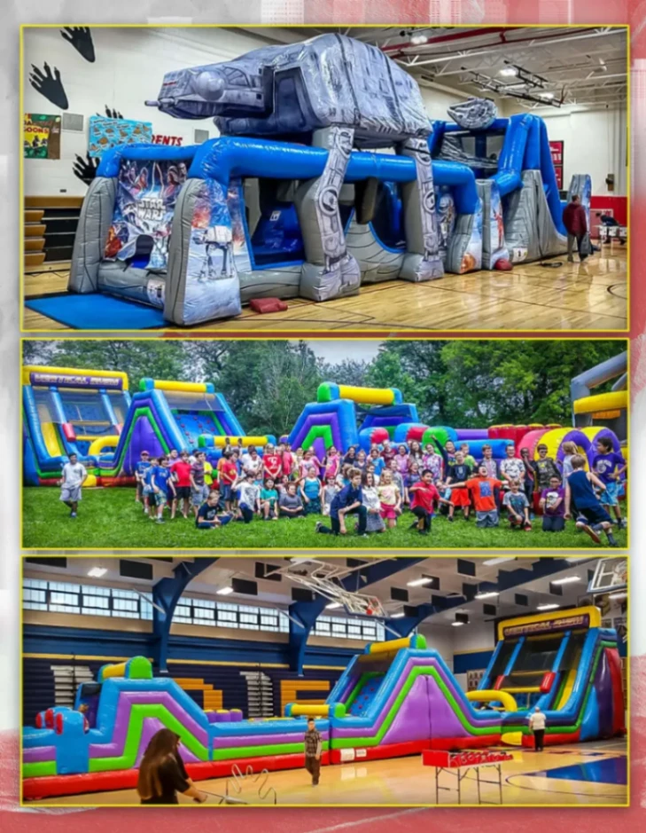 ump Guy event setup collage showing indoor obstacle course, large outdoor group event, and indoor gym inflatable setup for Elmhurst IL rentals
