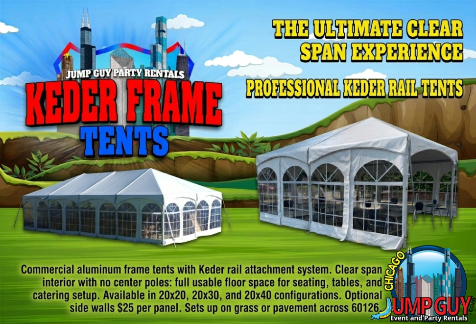 Keder Frame Tents category promotional graphic titled The Ultimate Clear Span Experience Professional Keder Rail Tents for Elmhurst IL