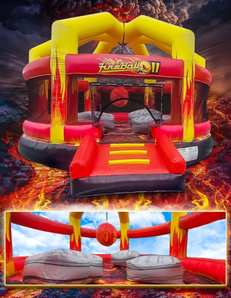 Jump Guy Elmhurst closest party rental crew promotional collage showing Battle Begin banner and Fireball inflatable unit
