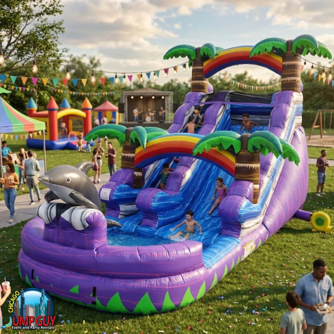 Purple Dolphin themed single lane inflatable water slide rental with tropical dolphin graphics for Elmhurst IL residential backyards in 60126