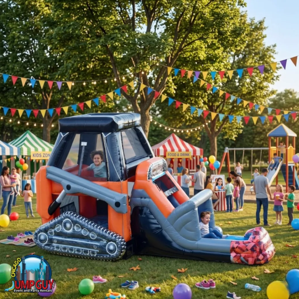 Skid Loader construction themed bounce house and water slide combo wet configuration rental for Elmhurst IL backyard birthday parties in 60126