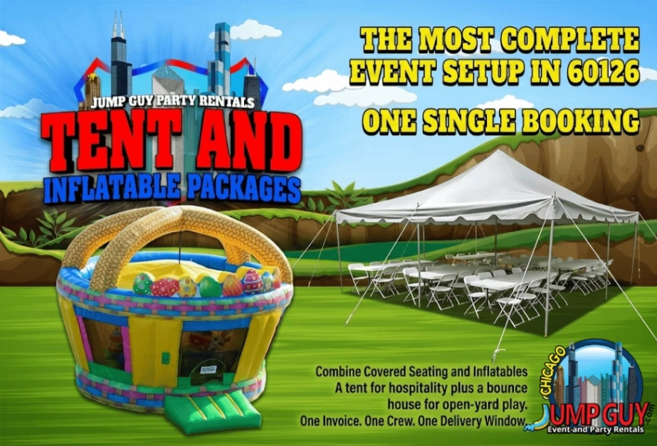 Tent and Inflatable Packages category promotional graphic titled The Most Complete Event Setup in 60126 One Single Booking for Elmhurst IL