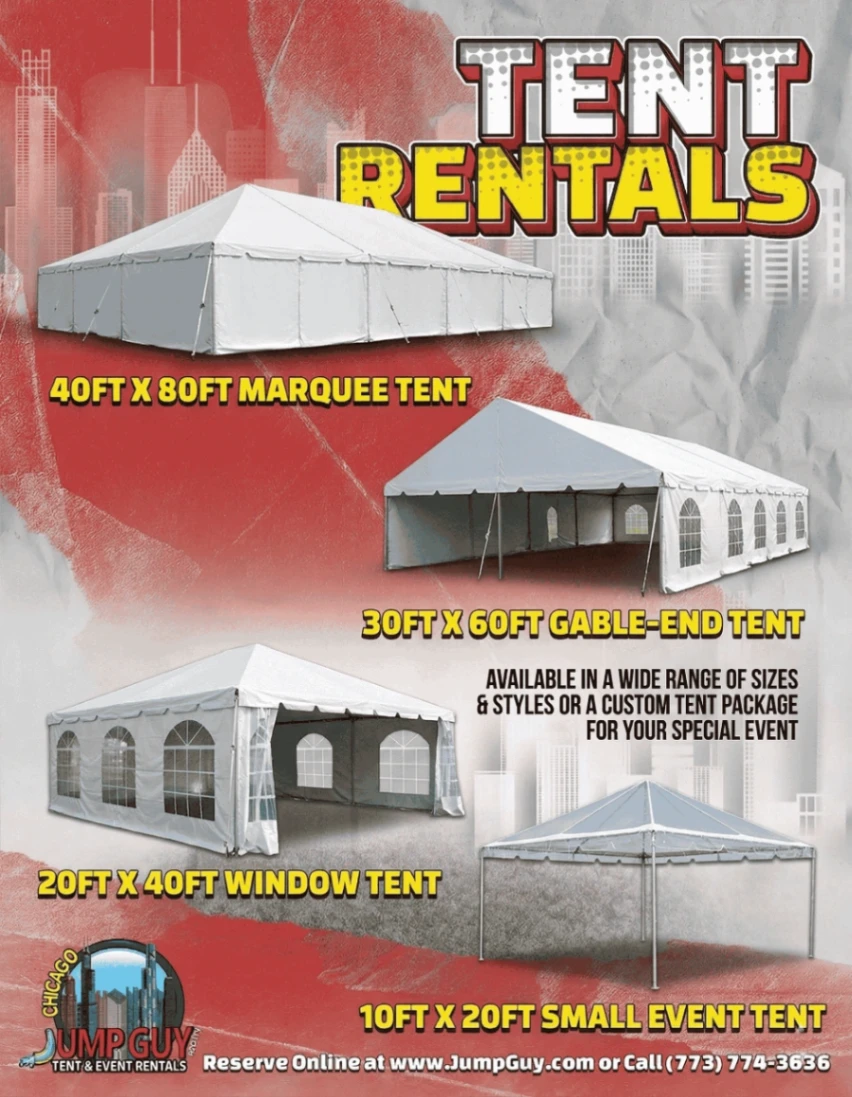 Tent rentals hero graphic showing 40x80 marquee, 30x60 gable end, 20x40 window tent, and 10x20 small event tent sizes for Elmhurst IL