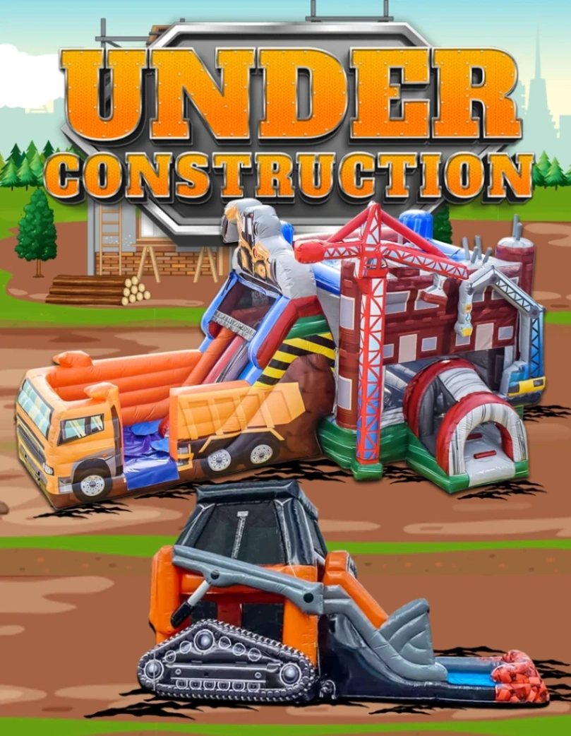 Under Construction themed inflatable bounce house rental with dump truck and excavator design for kids parties in Elmhurst IL 60126