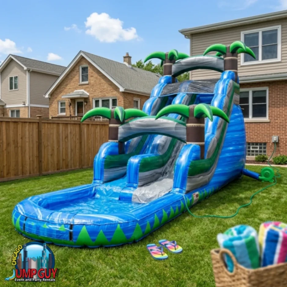 Water slide rentals category card showing inflatables delivered with water line connection to Elmhurst IL 60126